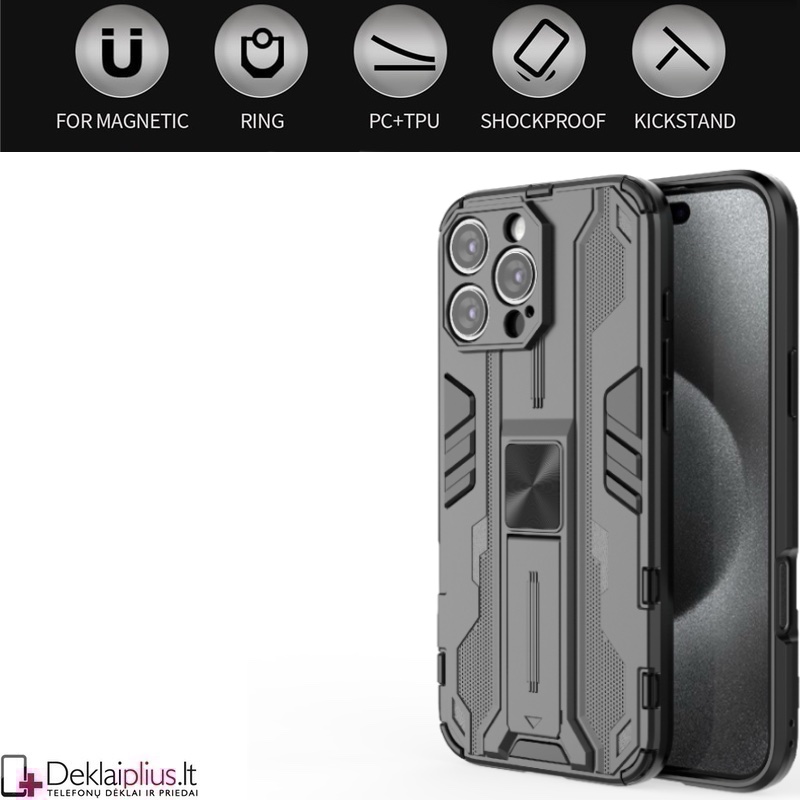 Šarvuotas dėklas su kojele - juodas (Apple Iphone 16 Pro) Šarvuotas dėklas su kojele - juodas (Apple Iphone 16 Pro)